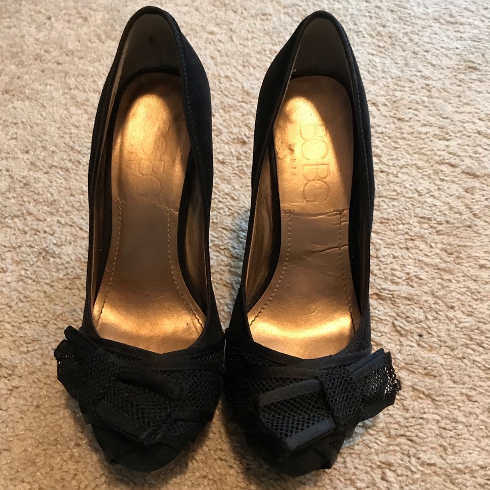 BCBG black suede heels with mesh bow at toe